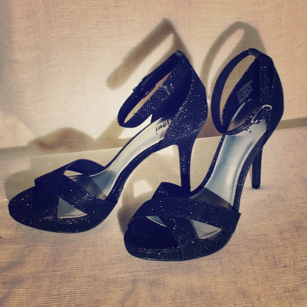 Black glitter heel sandals